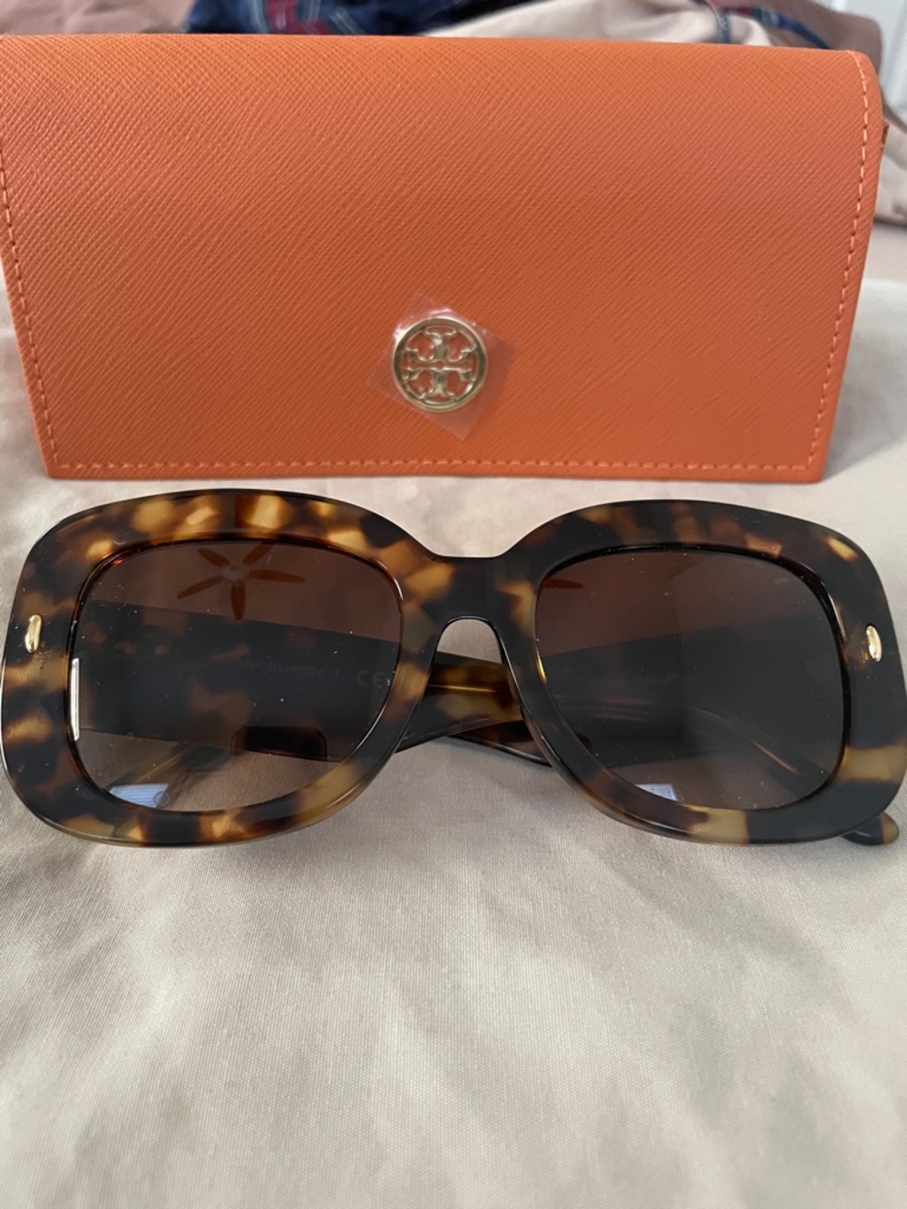 Tory Burch Tortoiseshell Square Sunglasses with Orange Case